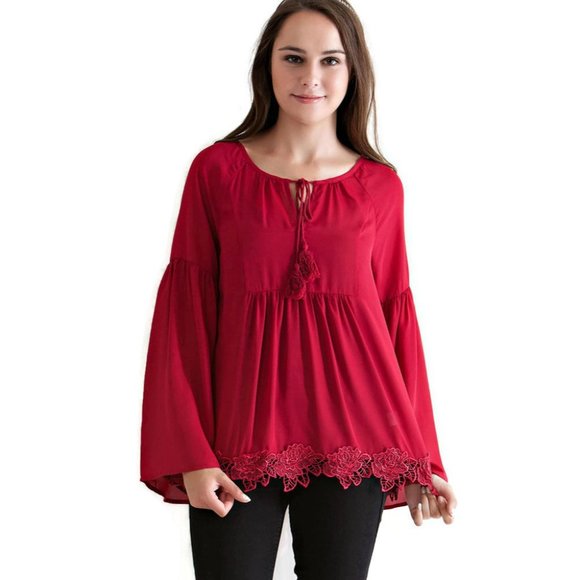 entro Tops - Entro Lace, Bell & Tassel Tunic Burgundy